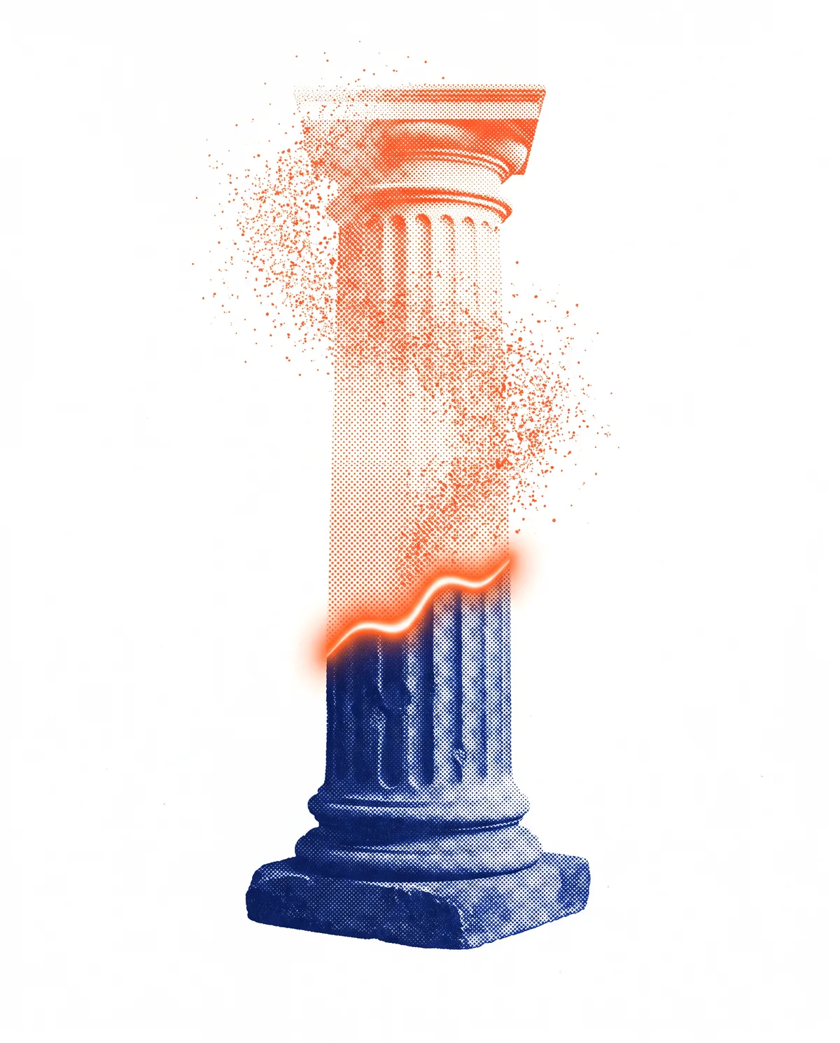 A classical column, solid at the base and still assembling from particles at the top