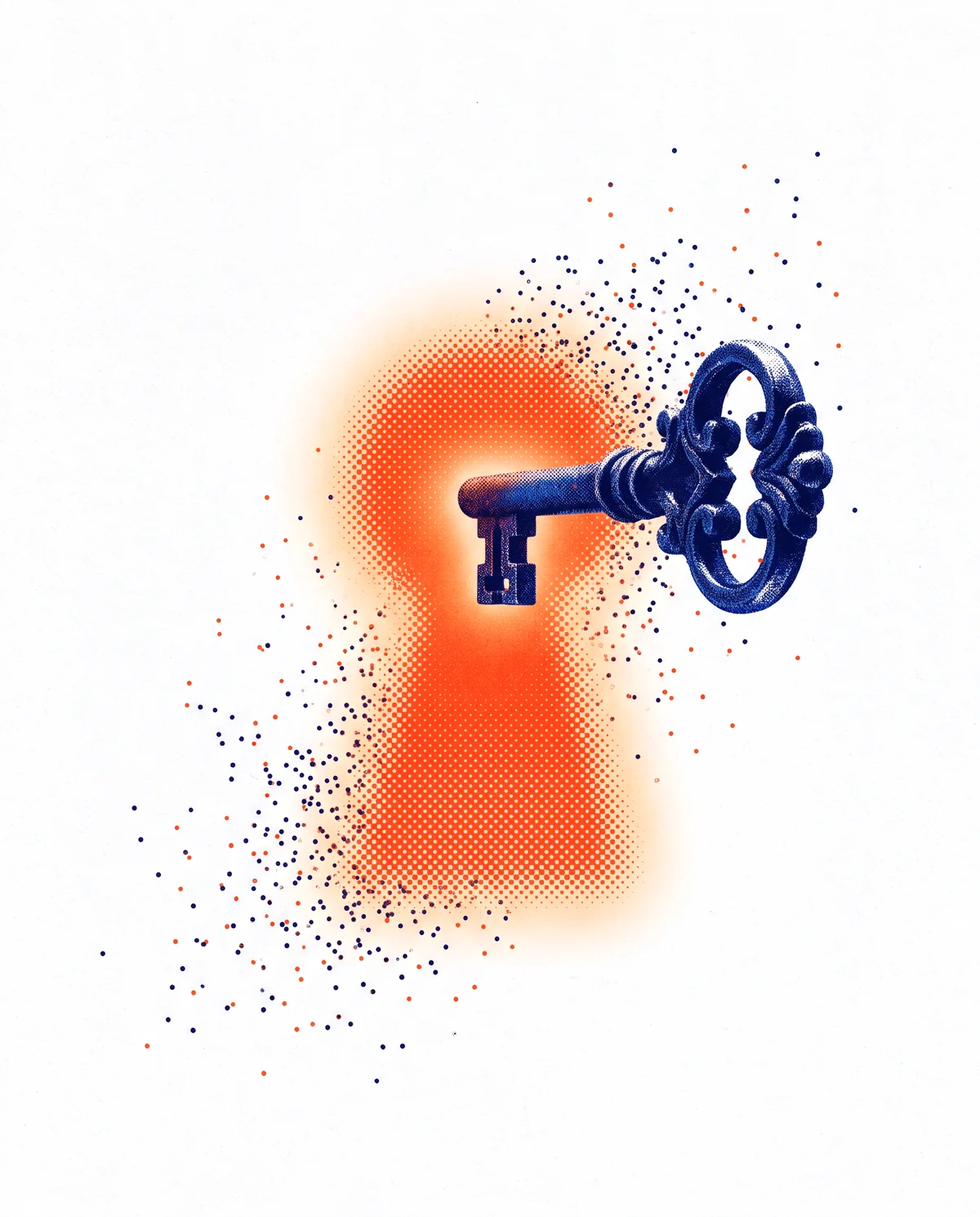 A key sliding into a glowing orange keyhole
