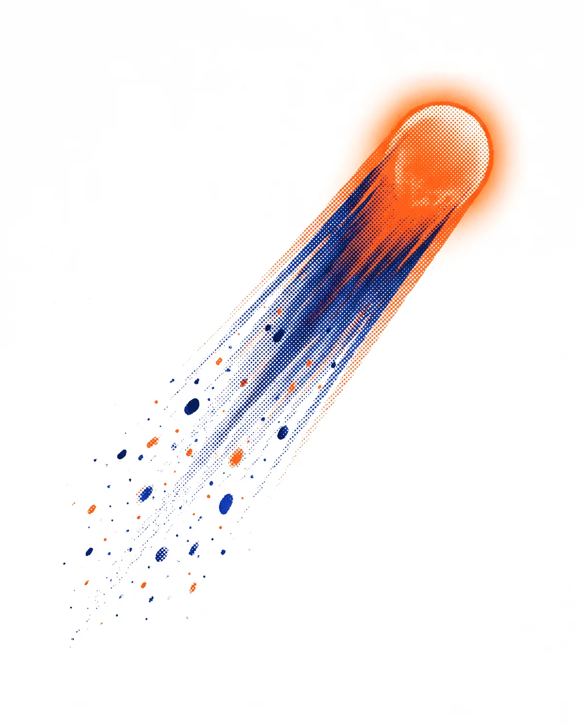 A meteor with a glowing orange head and a tail of blue and orange particles