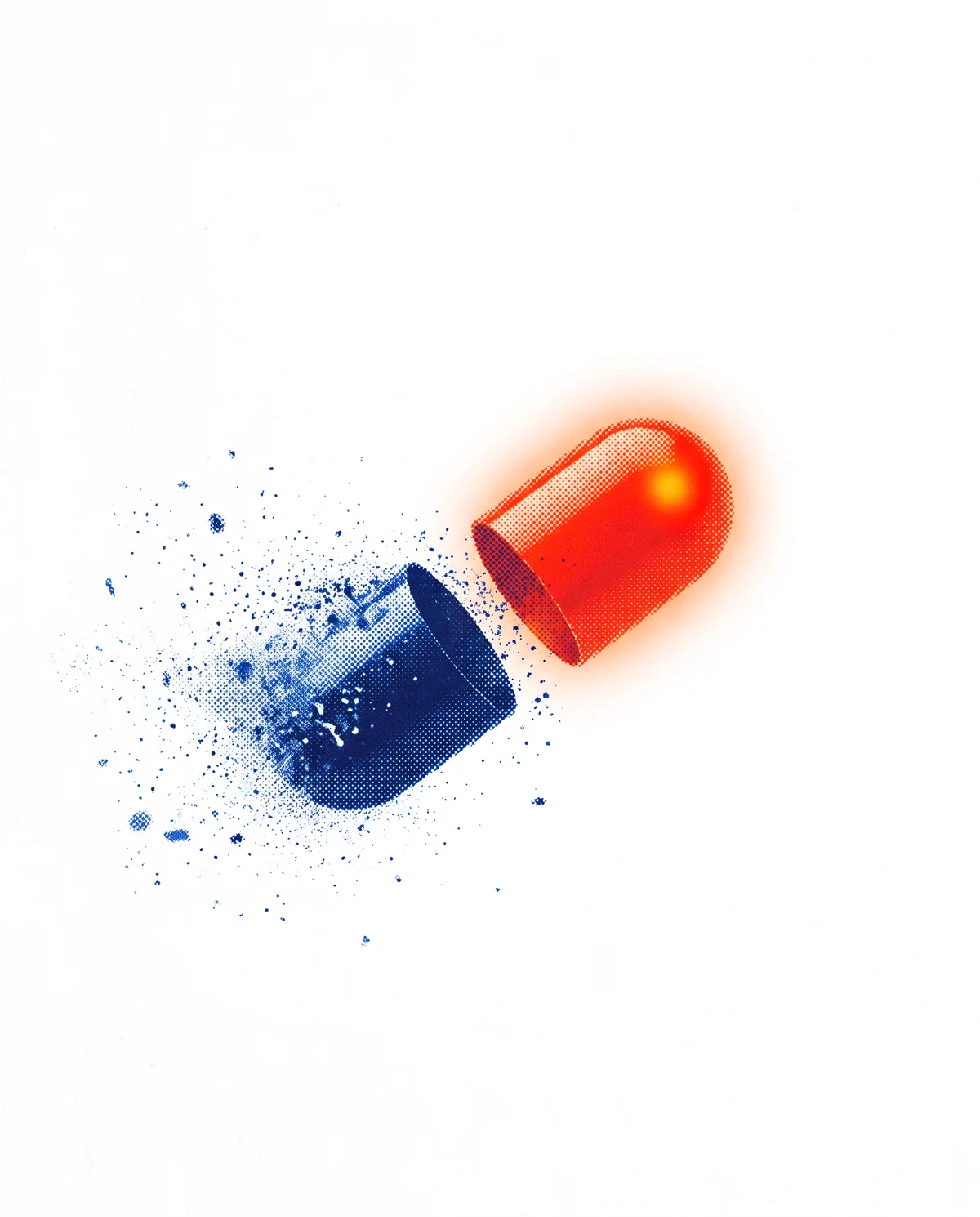 A capsule pulled apart: the blue half dissolving into dust, the red half solid and glowing