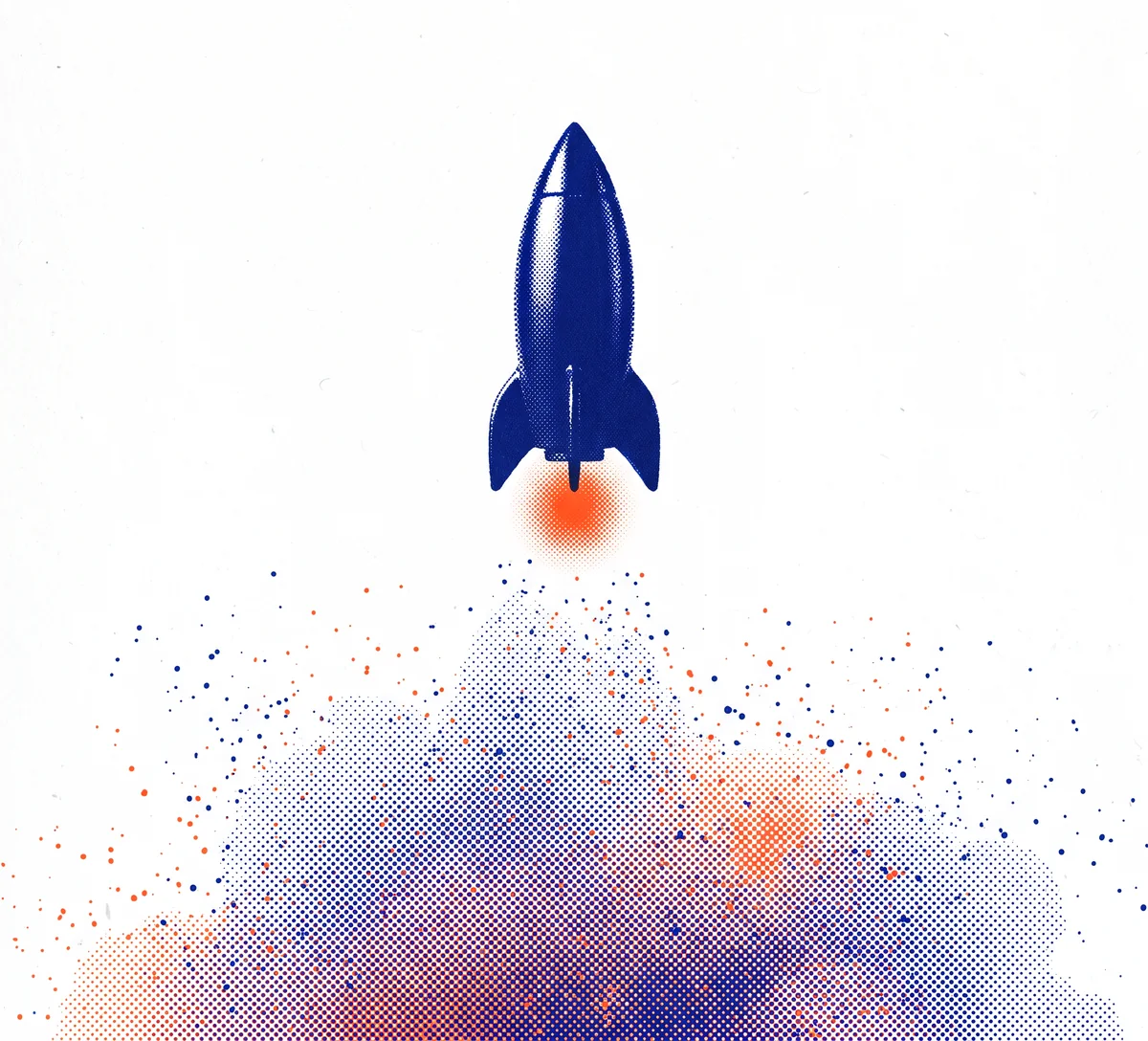 A rocket lifting off from a cloud of blue and orange particles